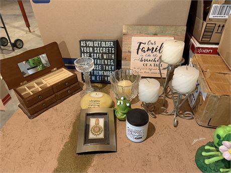 Candle Holders & Candles, Signs, Wood Jewelry Box & Pictures