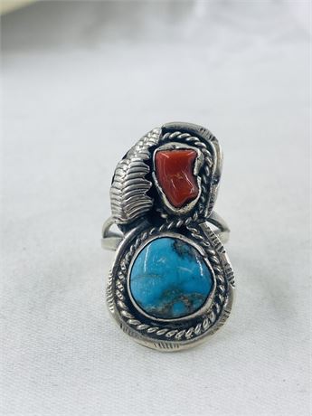 Vtg Navajo Sterling Coral + Turquoise Ring Size 6.5
