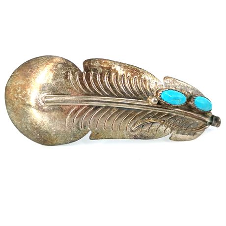 Vintage Sterling Silver Feather Brooch with Turquoise Cabochons