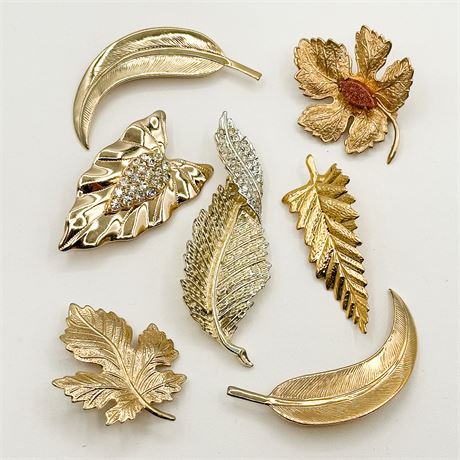 Lot of 7 Vintage Gold Tone Leaf Brooches