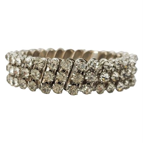 Vintage 3-Row Prong Set Rhinestone Stretch Bracelet