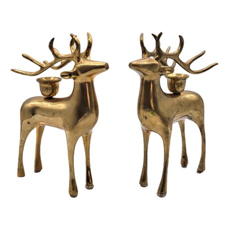 Vintage Brass Reindeer Candle Holder Pair