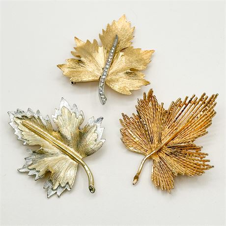Lot of 3 Vintage 2 Tone & Rhinestone Leaf Brooches