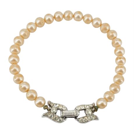 Vintage CROWN TRIFARI Faux Pearl Bracelet w/ Rhinestone Clasp, Flawed