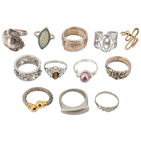 Twelve Vintage Costume Jewelry Rings, Various Sizes
