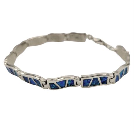 Silver Tone Lab Created Blue Opal Link Bracelet