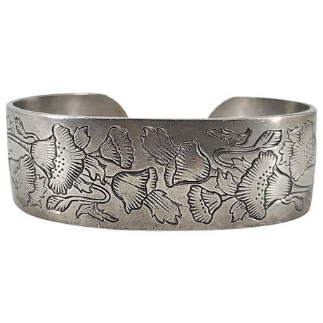 Signed Vintage KIRK Pewter August Flower Poppy Cuff Bracelet