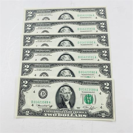 6 Consecutive 1976 $2 Bills
