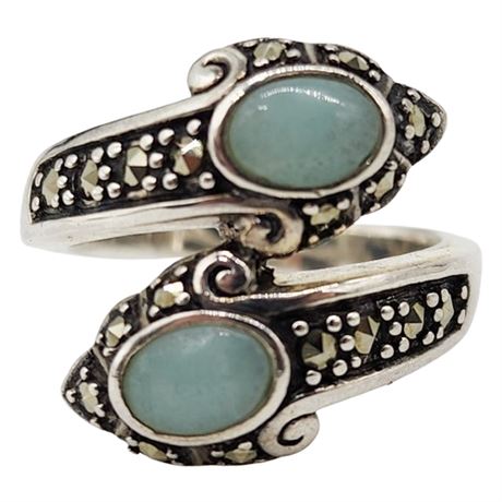Sterling Silver Marcasite & Green Aventurine Bypass Ring, Sz 6