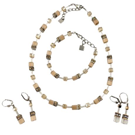 Cour de Lion Tan and Clear Bead Necklace, Bracelet and Earrings Set