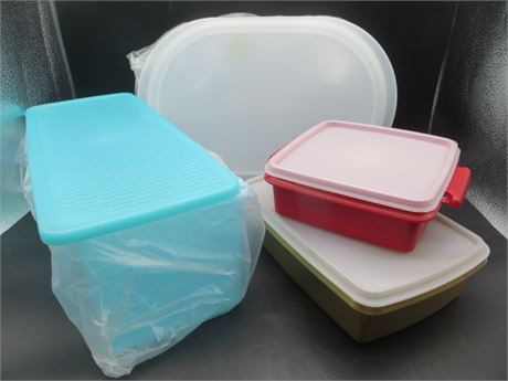 NEW VINTAGE TUPPERWARE ACRYLIC OVAL CENTER, BREAD BOX, SQUARE SMALL CONTAINER &