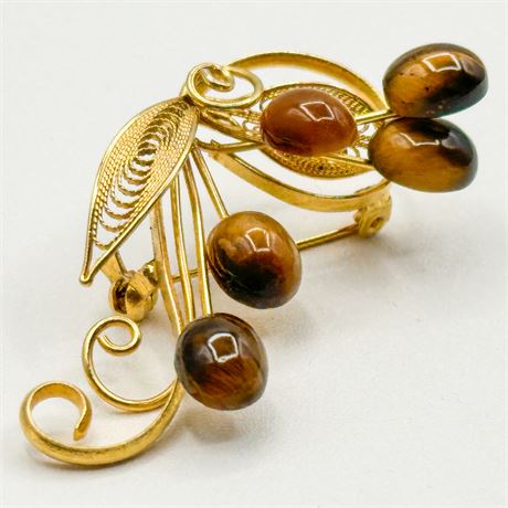 Vintage Gold Tone Floral Wire & Tigers Eye Brooch