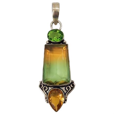 Large Faux Bio Tourmaline Crystal Silver Tone Pendant