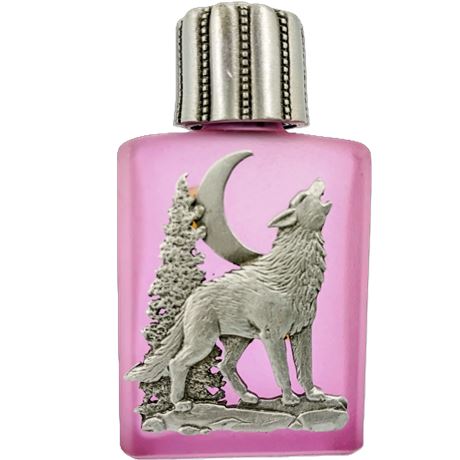 Vintage Amethyst Frosted Glass Perfume Bottle with Wolf & Crescent Moon Pewter
