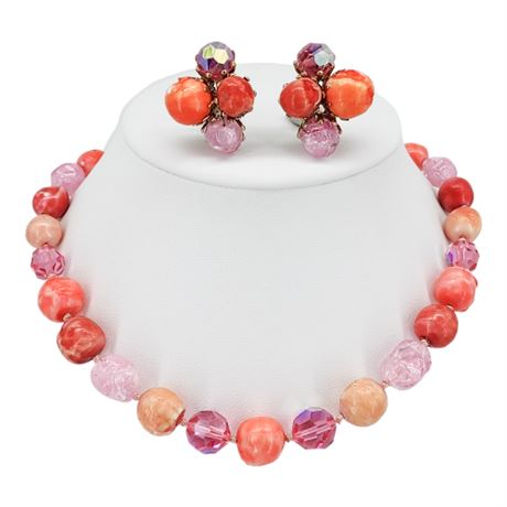 Vintage VOGUE Pink/Coral Beads & Aurora Crystal Necklace & Earrings