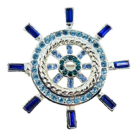 Vintage Monet Rhinestone Ship Wheel Brooch