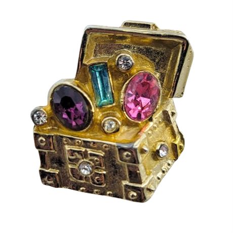 Vintage Coro Gold Tone Rhinestone Treasure Chest Brooch
