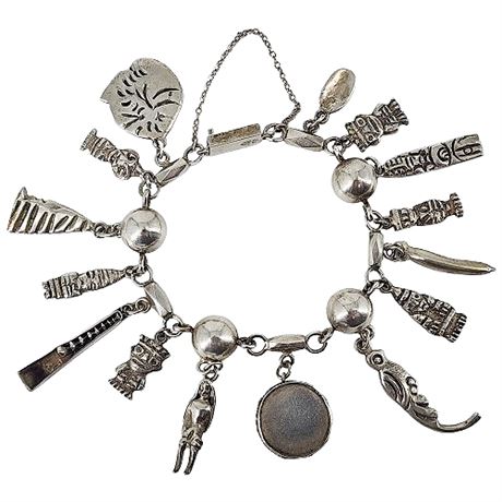 Signed Vintage 50s Sterling Silver Mesoamerican Charm Bracelet