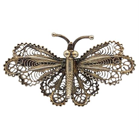 Vintage Italian 800 Silver Filigree 1-3/8" Butterfly Brooch