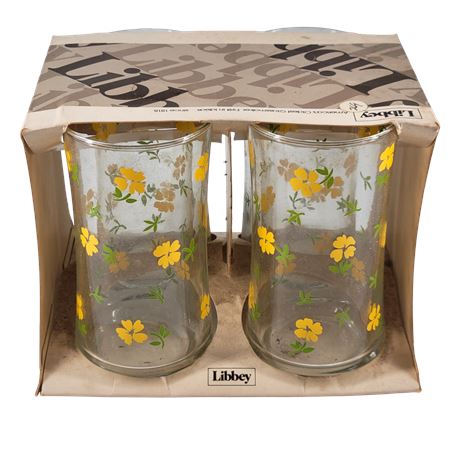 Libbey Yellow Buttercup Daisy Flower 12 Oz. Glasses - Set of 4