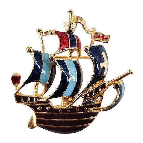 Colorful Enameled Ship Brooch