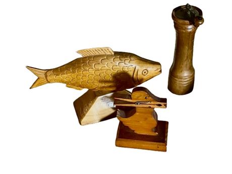 Wooden carved fish, salt and letter holder lot
