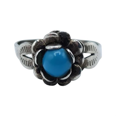 Sterling Plated Faux Turquoise Flower Ring, Sz 5