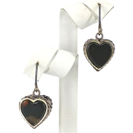 Sterling Silver 925 Heart Dangle Earrings with Dark Stone Inlay