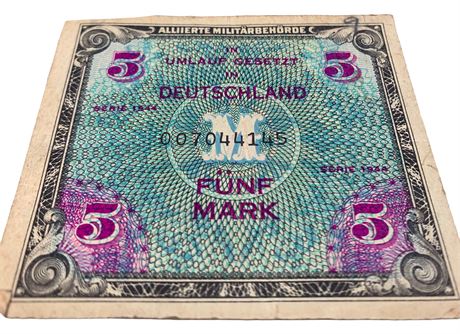 1944 WWII Alliierte Militarbehorde Funf Mark 5 Paper Money Bill