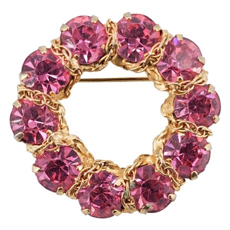 Vintage Prong Set Pink Rhinestone Circle/Wreath Brooch