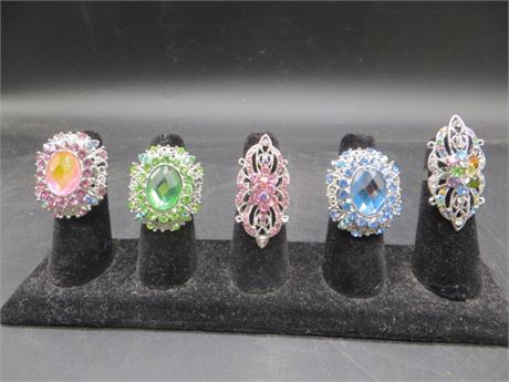 5 Glittery Fancy Rhinestone Rings