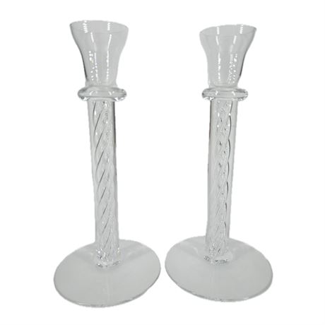 Vintage Swedish Set of 2 Kosta Boda Air Twist Stem Glass Candle Stick Holders