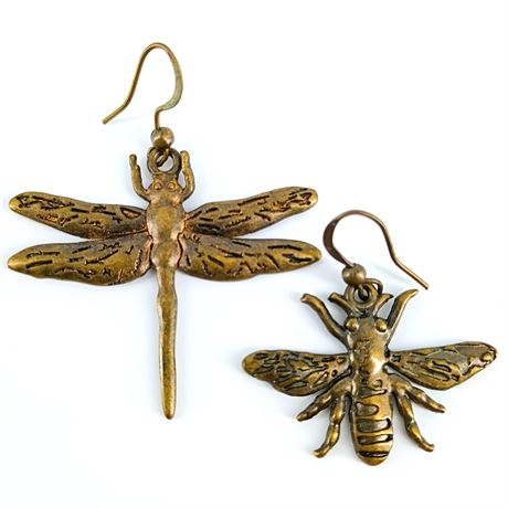 Insect Dangle Earrings – Dragonfly & Bee, Brass Tone