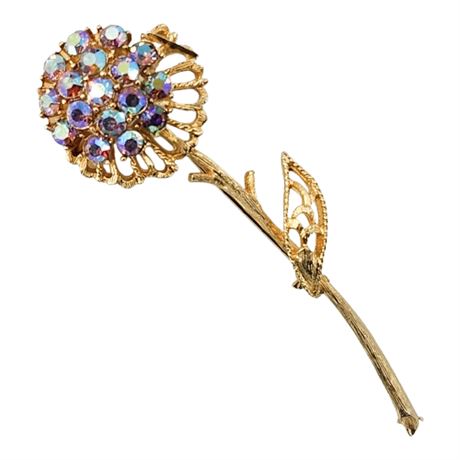 Vintage Long Stem Aurora Borealis Rhinestone Flower Brooch