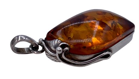 Large 925 Sterling Silver Artisan Amber Necklace Pendant
