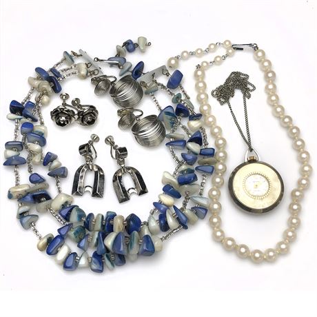 Vintage Jewelry Lot-Pendant Watch, Earrings, Necklace