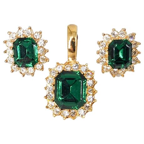 Signed Vintage ROMAN Rhinestone Pendant & Clip Earrings Set