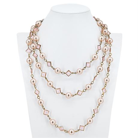 Modern Multi Strand Blush Pink Faux Pearl & Gold Tone Necklace