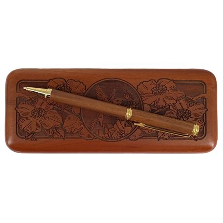 Carved Hummingbird Wooden Box with Wooden Case Ballpoint Pen