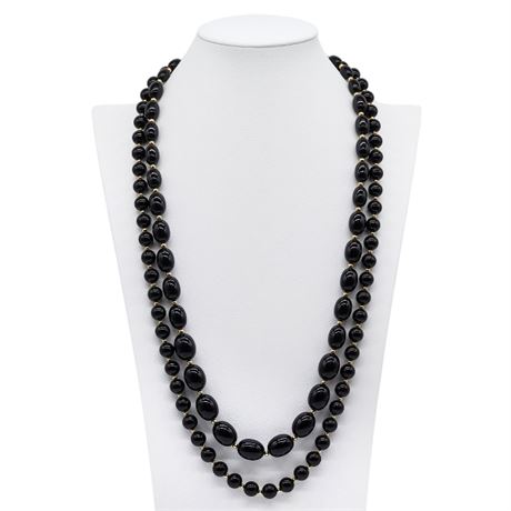 Two Vintage MONET Black & Gold Tone Beaded Necklaces
