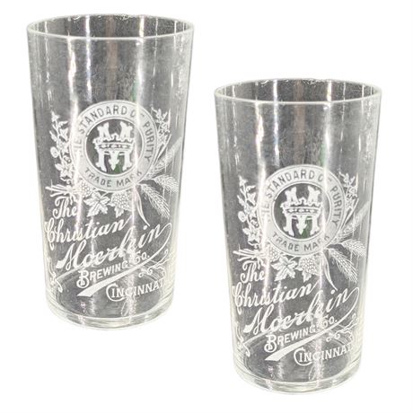 Pair 2 Antique 1899 Christian Moerlein Brewing Co. Etched Cincinnati Ohio