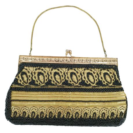 Vintage Gold Purse with Black Beaded Details, Kiss Lock and Chain
