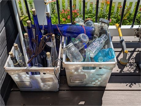 Lot Glass Bottles Blue, Clear, etc.  in 2 plastic bins