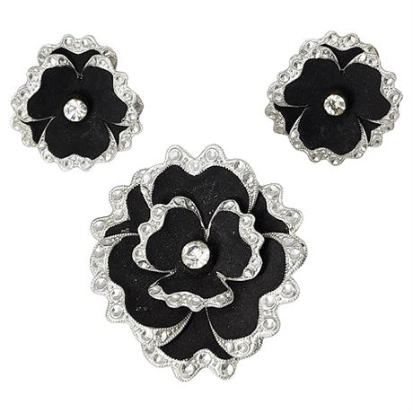 Vintage German Black Flower Brooch & Screwback Earrings Set