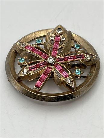 Vintage, pink blue rhinestone flower brooch