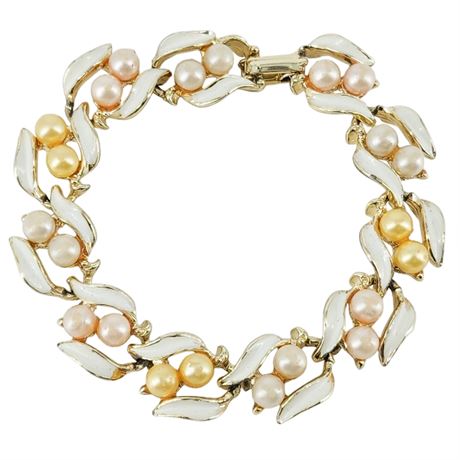 Vintage Gold Tone, Enamel, & Multi-Colored Faux Pearl Bracelet