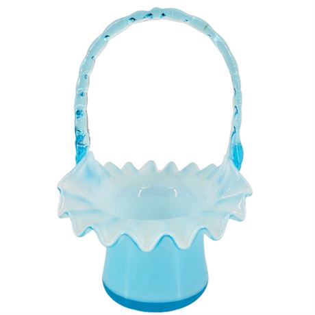 Vintage Fenton Blue Overlay Ruffled Top Hat Art Glass Basket