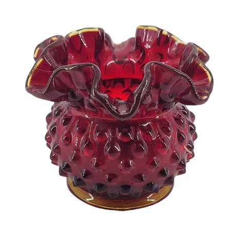 Vintage Fenton Ruby Red Hobnail 3” Crimped Ruffled Edge Vase