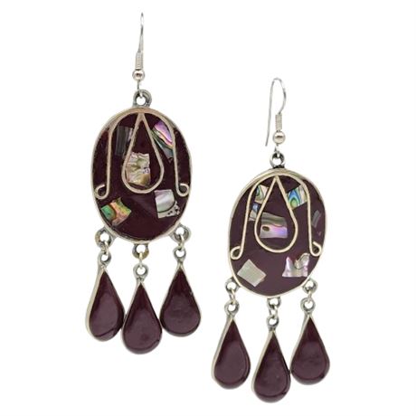 Vintage Mexican Alpaca Silver Abalone Inlay Fringe Earrings