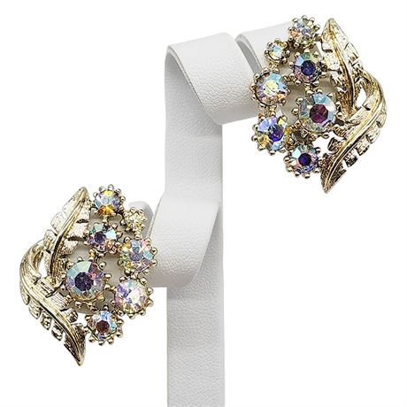 Vintage CORO Aurora Borealis Rhinestone Clip Earrings